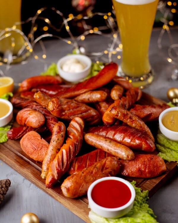 smoked sausages served with ketchup mustard mayonnaise and glass of beer Deli Cheese Russian